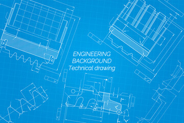 Mechanical engineering drawings on blue background. Cutting tools, milling cutter. Technical Design. Cover. Blueprint.