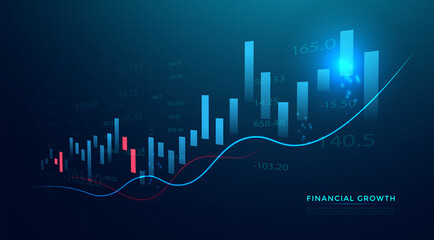 Business candle stick graph chart of stock market investment trading on blue background. Bullish point, up trend of graph. Economy vector design