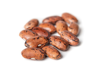 Dragon tongue bean seeds for cooking or planting in garden. Close up.Dutch heirloom bean plant produces yellow streaked with purple bean pods. Protein rich legume. Isolated on white. Selective focus