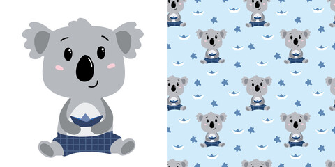 Cute koala boy in blue shorts with paper ship. Include childish seamless pattern with these koala. Perfect for kids apparel,fabric, textile, nursery decoration,wrapping paper. Vector © Ira