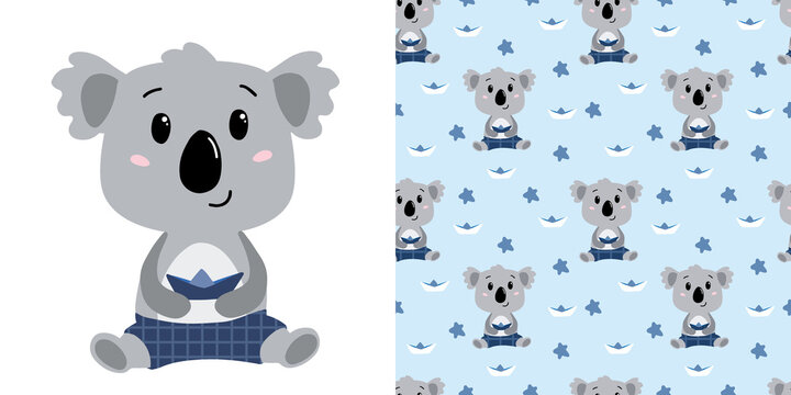 Cute koala boy in blue shorts with paper ship. Include childish seamless pattern with these koala. Perfect for kids apparel,fabric, textile, nursery decoration,wrapping paper. Vector