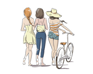 three young women walking barefoot with bicycle, back view vector illustration