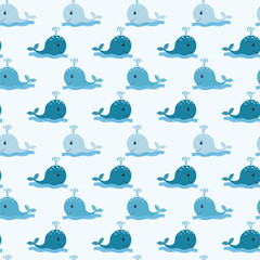 Childish seamless pattern with blue whale. In blue colors. Perfect for kids apparel,fabric, textile, nursery decoration,wrapping paper. Vector