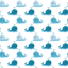 Childish seamless pattern with blue whale. In blue colors. Perfect for kids apparel,fabric, textile, nursery decoration,wrapping paper. Vector