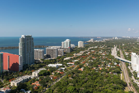 Aerial view of The Roads and Brickell Avenue neighborhood in Miami, Florida.