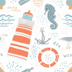 Nautical and cute seamless pattern with lighthouse and cat in cartoon style. Child pattern