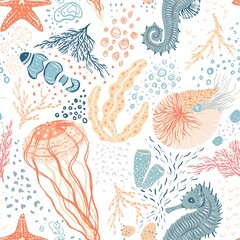 Cartoon marine animals and plants in doodle style pattern. Funny underwater world kid pattern