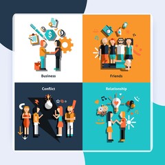 People social relationship with friends business love conflict icons set isolated vector illustration.