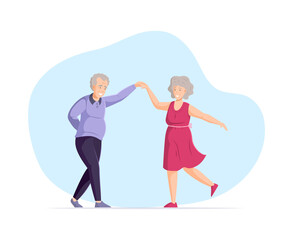 Elderly man and woman senior aged persons dance. Dancing old people. Happy active elderly couple together on music party. Dancers grandmother and grandfather