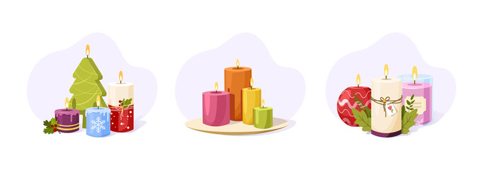 Fototapeta premium Set of burning wax candles with fire flame on light background. Christmas, scented wax candles for home, romance, aromatherapy or birthday. Cozy decor for spa, fragrance, holiday or romantic