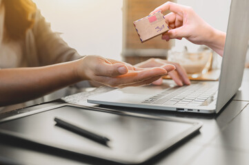 Woman online shopping and home delivery concept. Social distancing and New normal daily lifestyle.