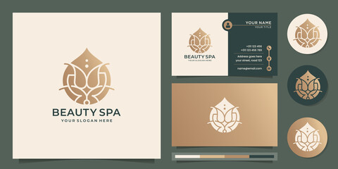 Fototapeta premium Beauty spa flower logo. luxury fashion, drop, gold, essential oil concept design with business card template. Premium vector