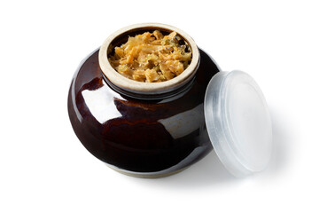 Ceramic bowl with Chinese fermented cabbage isolated on white background  