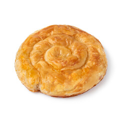 Single traditional Turkish borek stuffed with cheese isolated on white background 