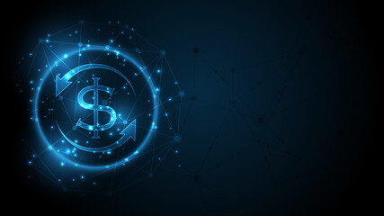 Dollar coin money Currency on Abstract technology background . Business finance Money exchange concept.