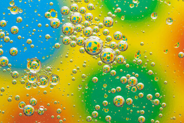 Rainbow background with bubbles, water drops texture, abstract multicolor circles pattern, creative art design, colorful liquid surface. Green and yellow wallpaper, transparent wet glass.