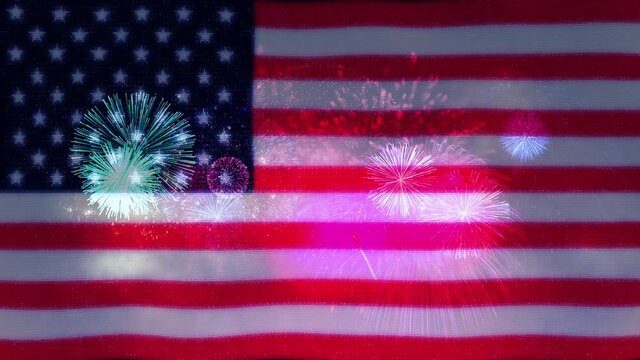 American flag waving digital dots motion design with the fireworks. July 4 Independence Day modern background. Corporate concept American flag. Close up. 3d rendering

