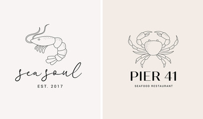 Fototapeta premium Hand drawn collection of seafood and fish restaurant logos, elegant retro style illustration of crab and shrimp 