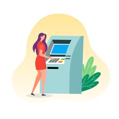 Vector illustration of a young woman making transactions at an ATM.