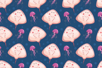 Seamless vector illustration with jellyfish and stingray. Seamless marine baby pattern. Vector illustration in cartoon style. Marine life for children's textiles. - obrazy, fototapety, plakaty