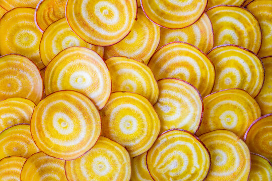 Closeup of slices of yellow beets