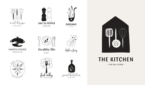 Cooking, baking and homemade food collection of hand drawn logos. Trendy modern illustrations, coffee shop and restaurant concept logo design