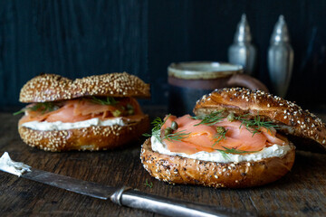 Bagel and sliced salmon with cream cheese