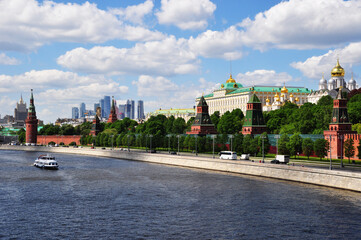 The Moscow Kremlin and the Moskva River. View of the Kremlin and high-rise buildings. Moscow,...