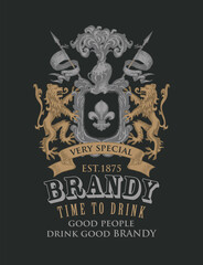Heraldic label or banner for Brandy with hand-drawn coat of arms on a black background. Vector ornate coat of arms in vintage style with lions, flags, knights helmet and fleur de lis on a shield - obrazy, fototapety, plakaty