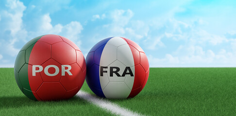 Portugal vs. France Soccer Match - Leather balls in Portugal and France national colors on a soccer field. Copy space on the right side - 3D Rendering 