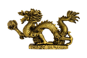 Fototapeta na wymiar A bronze dragon figurine on a white background.