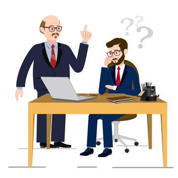 The mentor teaches the subordinate. An elderly man teaches a young man. A question mark. Vector image of people for animation. Editable strokes. All the details are on separate layers.
