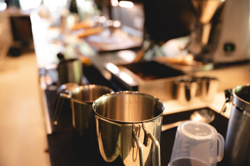 professional barista making espresso coffee to a drink cup in cafe, beverage caffeine machine, person pouring hot water with hand, business in the morning breakfast, fresh aroma in hot drink