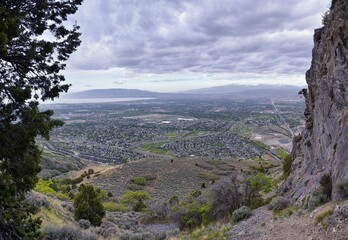 Naklejka premium Rocky Mountains Wasatch Front landscape views foothills of Mt Timpanogos, Mt Mahogany nature hiking trail, by Orem and Provo, Utah. United States. USA.