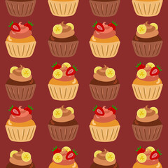 Cupcakes seamless pattern. Packaging. Festive cupcakes with cream, fruits and berries. Vector pattern on a colored background.