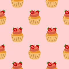Cupcakes seamless pattern. Packaging. Festive cupcakes with cream and berries. Vector pattern on a colored background.