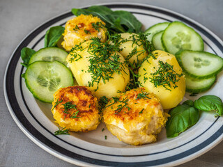 Lunch of boiled potatoes and fish cakes, garnish with their fresh herbs and sliced cucumber