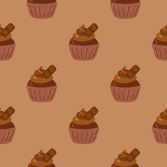 Cupcakes seamless pattern. Packaging. Celebratory cupcakes with cream and chocolate. Vector pattern on a colored background.