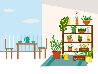 Obraz premium Garden on the balcony. Tea table, rack with flowers and seedling boxes. A place to relax. Vector illustration. For use in brochures, flyers, promotional illustrations, books and covers.