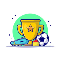 Soccer Sport Trophy with Soccer Ball and Shoes Cartoon Vector Icon Illustration. Sport Object Icon Concept Isolated Premium Vector. Flat Cartoon Style