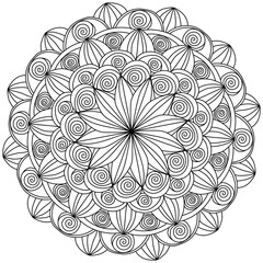 Mandala with spiral curls and a flower in the center, meditative coloring page with ornate patterns