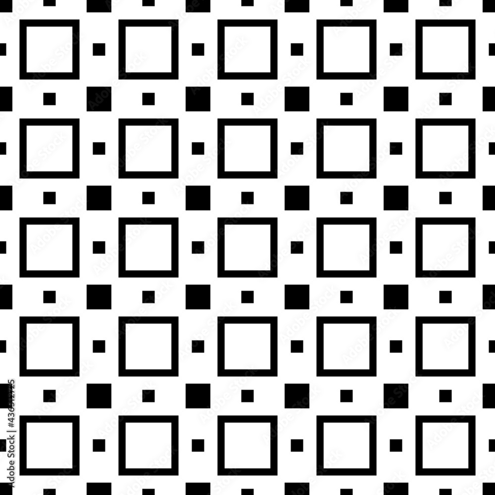 Poster White background and black squares. Medium, large and small squares wallpaper pattern. Vector.