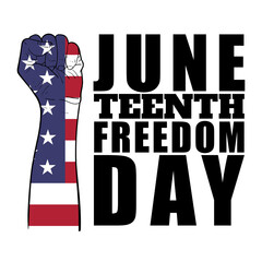 Human fist with flag of Liberia pattern with text, Juneteenth Freedom Day