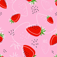 Strawberries flat hand drawn seamless pattern on pink background for typography, textiles or packaging design.