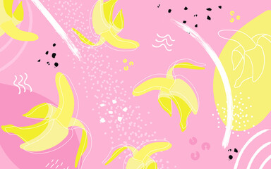 Fototapeta na wymiar Banana abstract hand drawing pink background. Banner for a bar, cocktail, milk shake poster. Illustration of a drink for menu or packaging design