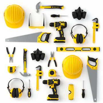 Top view of yellow construction tools for repair and installation on white