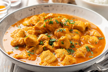 Chicken curry in plate on wooden background