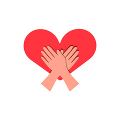 Hands are folded over the heart. Symbol: from the bottom of my heart. Vector illustration, flat cartoon color minimal design, isolated on white background, eps 10.
