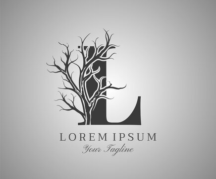 Letter L With Dead Tree Design Logo Icon. Creative Alphabetical Creepy Dry Tree Brach Nature Logo Template.