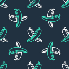 Line Crossed hot chili pepper pod icon isolated seamless pattern on black background. Design for grocery, culinary products, seasoning and spice package. Vector